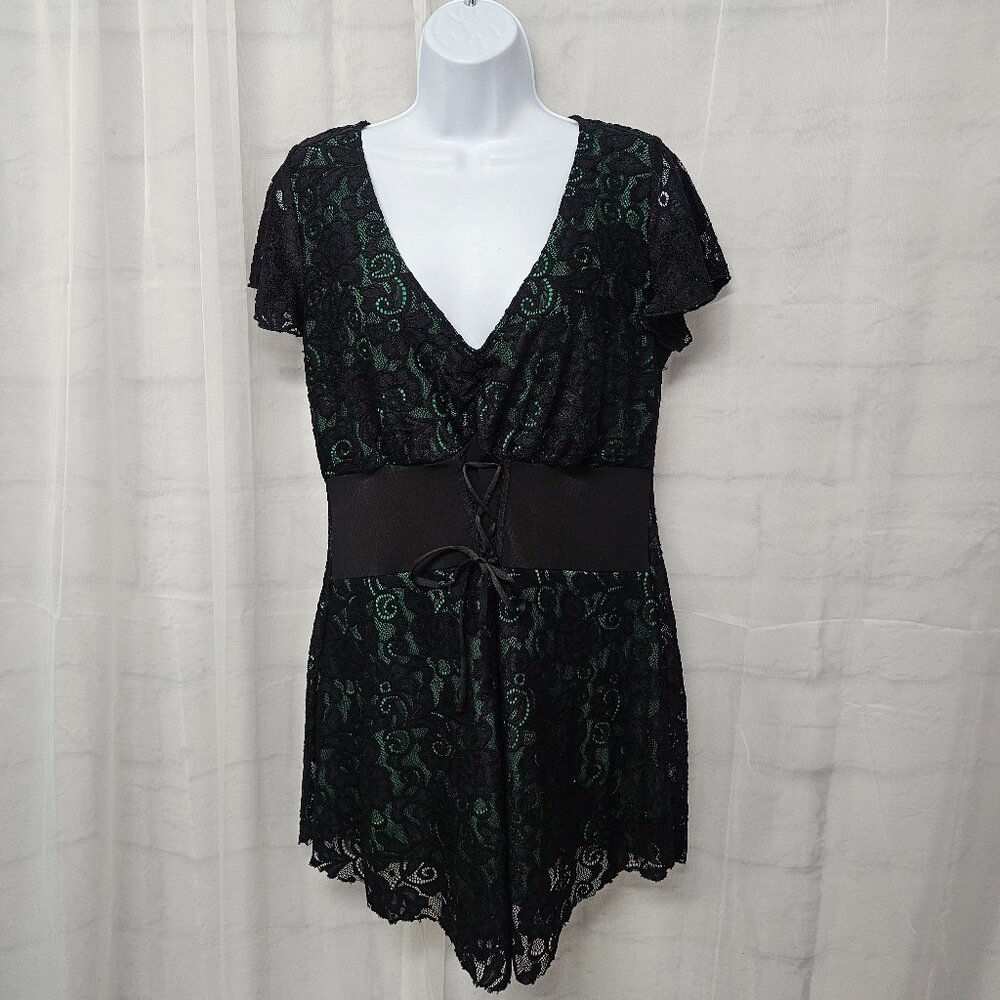 Vintage Black Green Y2k Corset Dress Lace Mini Goth Punk Whimsigoth Tunic 1X
